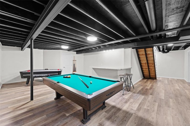 playroom featuring baseboards, wood finished floors, and billiards