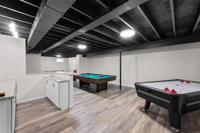 rec room with baseboards, light wood-style floors, and pool table