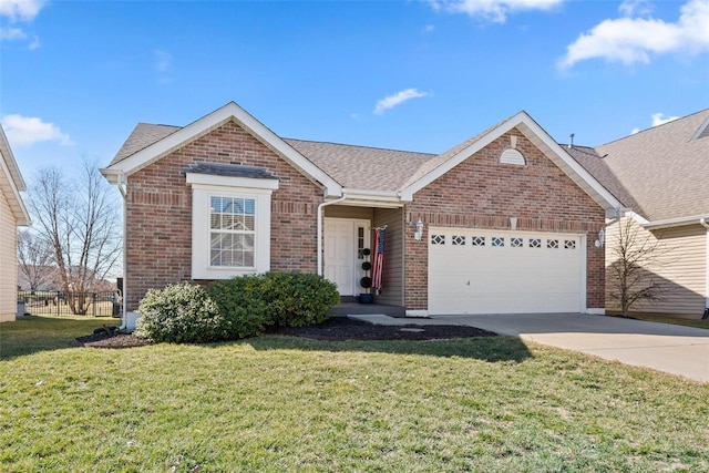 single story home featuring a front lawn, concrete driveway, a shingled roof, a garage, and brick siding