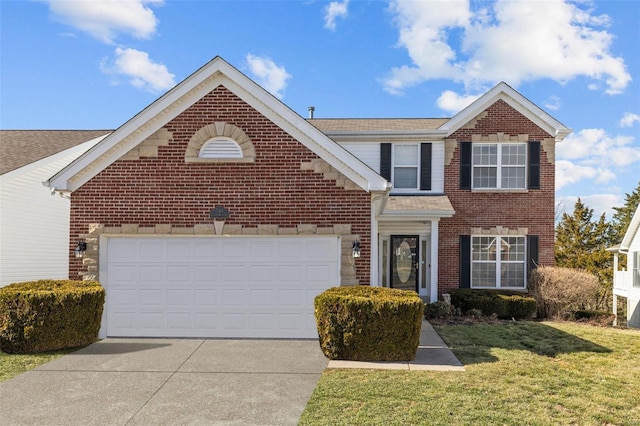 traditional-style home featuring driveway, brick siding, an attached garage, and a front lawn