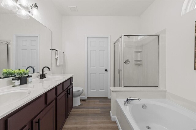 bathroom featuring a shower stall, a garden tub, double vanity, and a sink