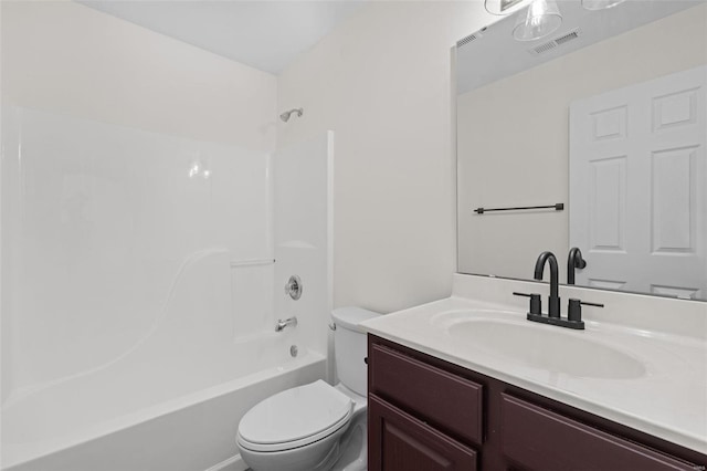 bathroom featuring shower / bath combination, visible vents, toilet, and vanity