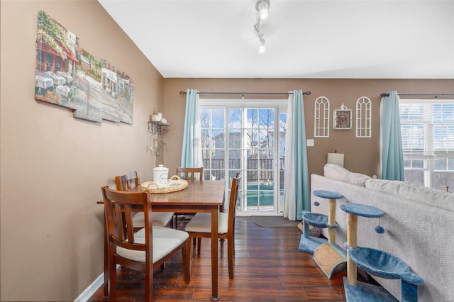 dining space with dark wood finished floors, track lighting, a healthy amount of sunlight, and baseboards