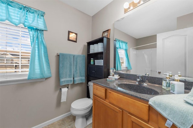 full bath featuring tile patterned flooring, baseboards, walk in shower, toilet, and vanity