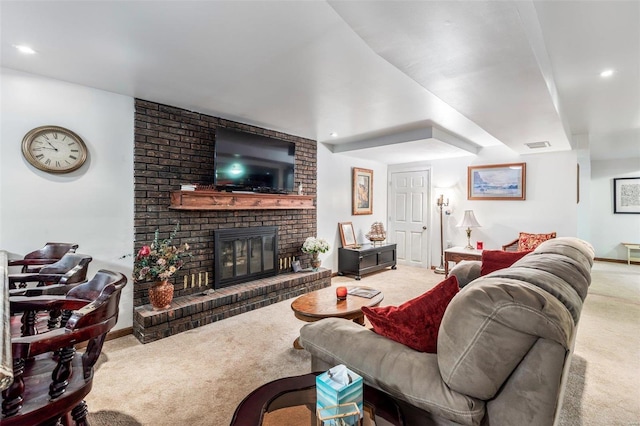 living room with recessed lighting, visible vents, carpet floors, and a brick fireplace