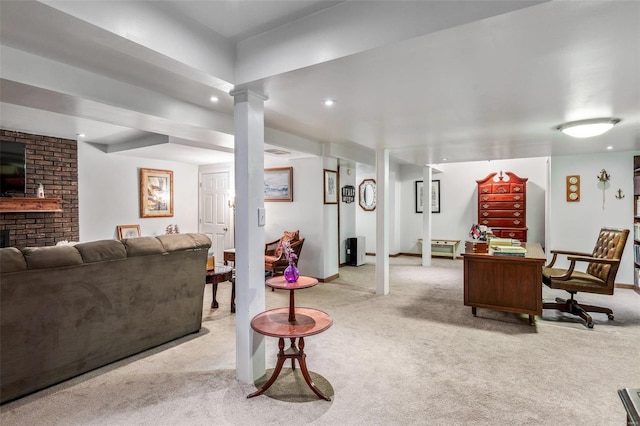 living area with recessed lighting, baseboards, and carpet floors