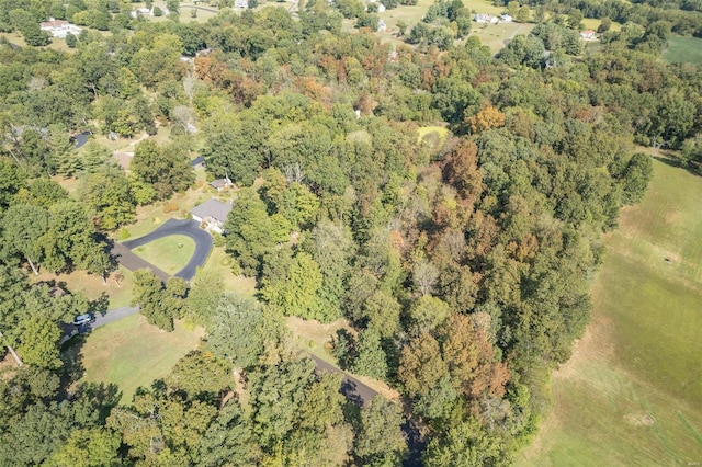 drone / aerial view featuring a forest view