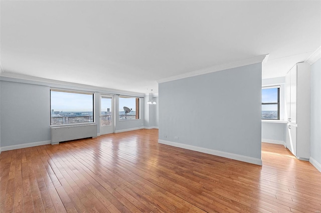 spare room featuring a wealth of natural light, light wood-type flooring, radiator, and crown molding