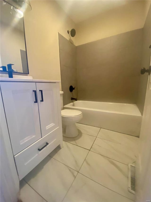 bathroom with vanity, visible vents, shower / washtub combination, toilet, and marble finish floor