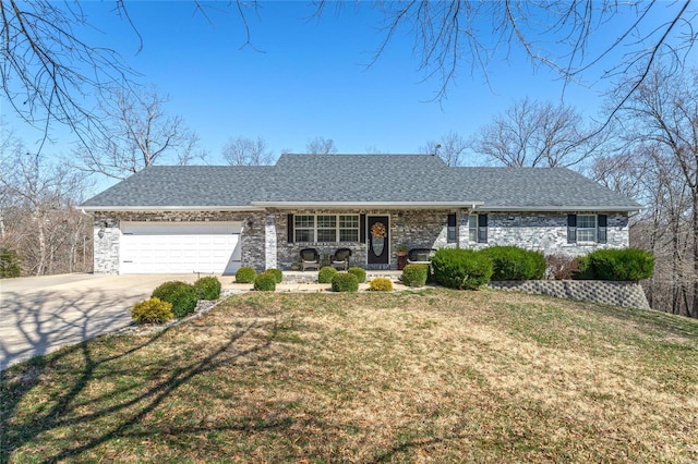 ranch-style house with a garage, driveway, a front yard, and a shingled roof