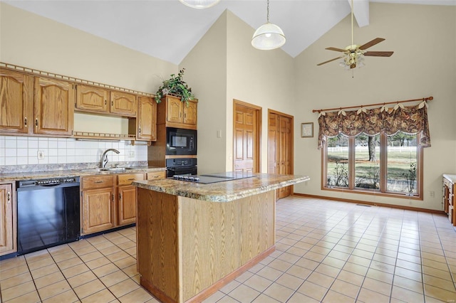 kitchen featuring black appliances, light tile patterned flooring, tasteful backsplash, and a sink