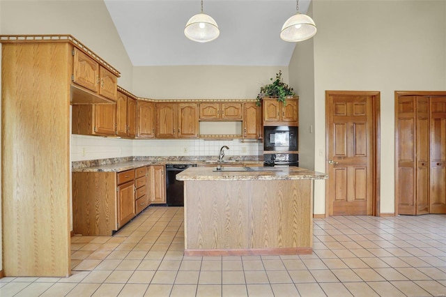 kitchen with black appliances, light tile patterned floors, backsplash, and high vaulted ceiling