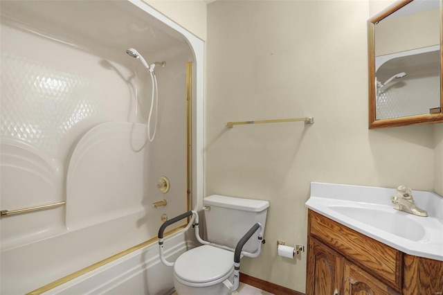 bathroom featuring vanity, toilet, and bathtub / shower combination