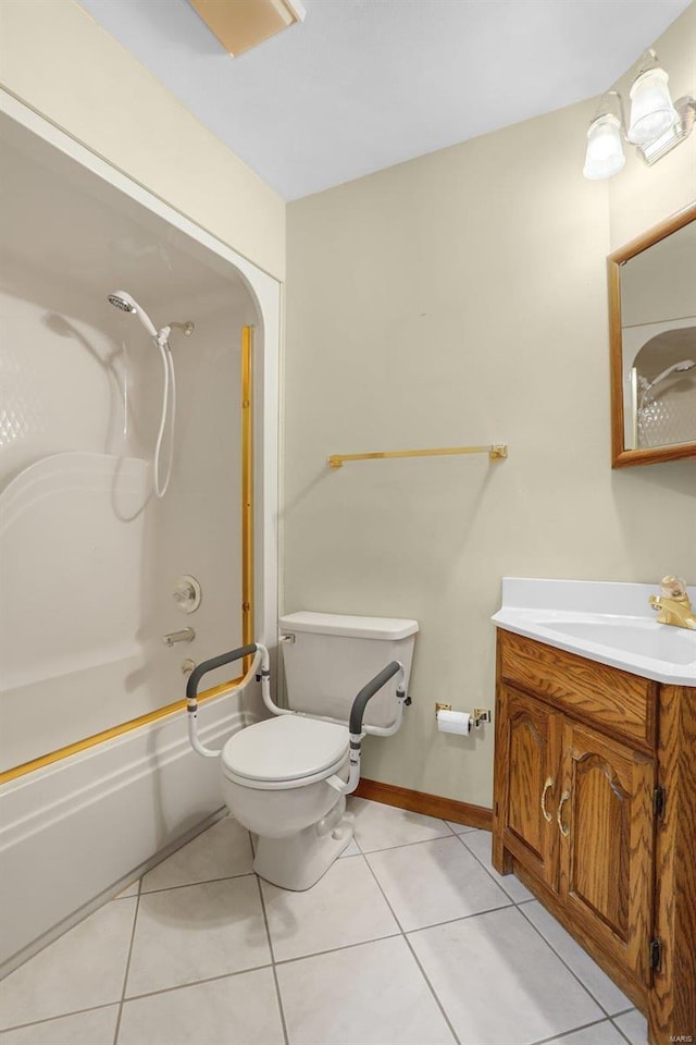 full bath with shower / bathtub combination, toilet, vanity, and tile patterned flooring