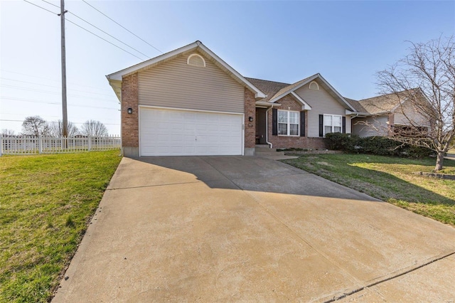 single story home featuring fence, driveway, a front lawn, a garage, and brick siding