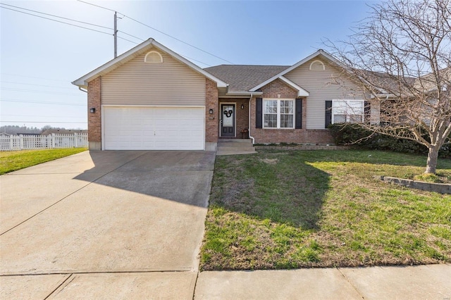 single story home featuring driveway, fence, a front yard, a garage, and brick siding