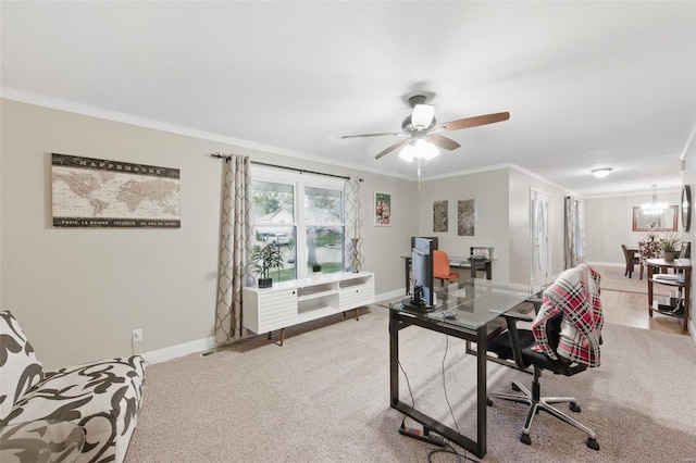 home office with crown molding, baseboards, ceiling fan, a chandelier, and carpet floors
