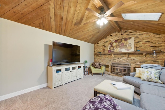 carpeted living area with baseboards, a ceiling fan, vaulted ceiling, and wood ceiling