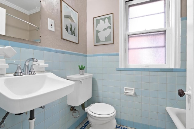 full bath featuring a sink, toilet, a wealth of natural light, and ornamental molding