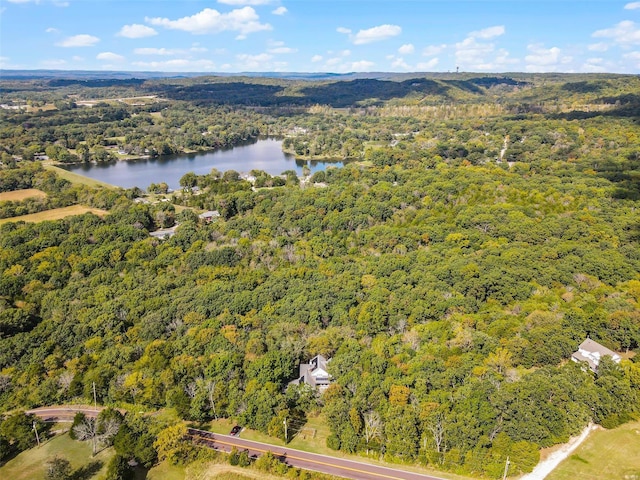 drone / aerial view featuring a forest view and a water view