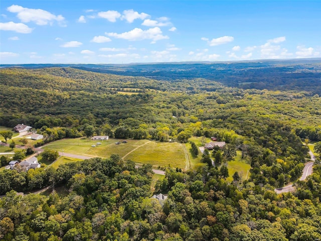 birds eye view of property featuring a wooded view