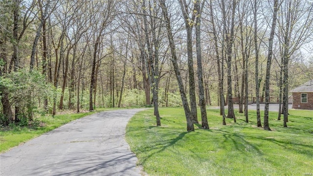 view of road featuring a forest view