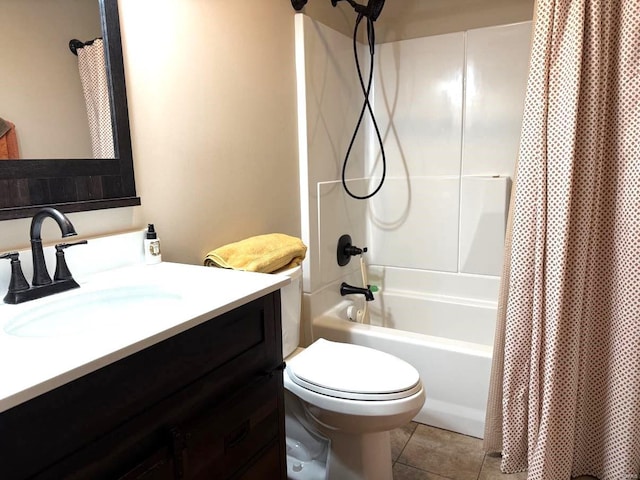 bathroom featuring shower / bathtub combination with curtain, toilet, vanity, and tile patterned flooring