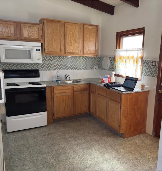 kitchen featuring beam ceiling, white appliances, brown cabinetry, and a sink