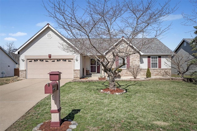 ranch-style home featuring brick siding, an attached garage, concrete driveway, and a front lawn