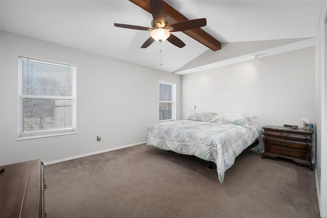 bedroom featuring a ceiling fan, vaulted ceiling with beams, carpet, and baseboards