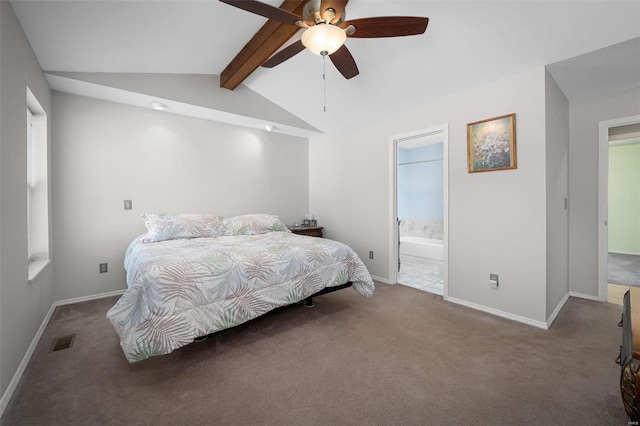 carpeted bedroom with a ceiling fan, baseboards, visible vents, ensuite bath, and vaulted ceiling with beams