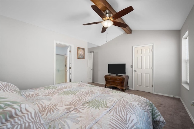 bedroom with ceiling fan, vaulted ceiling with beams, baseboards, and carpet floors