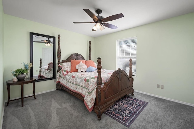 carpeted bedroom featuring baseboards and ceiling fan