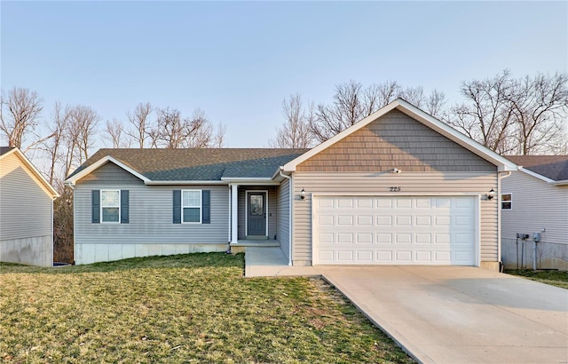 view of front facade featuring concrete driveway, roof with shingles, a garage, and a front yard