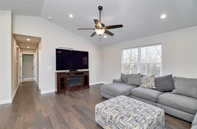 living room featuring recessed lighting, baseboards, lofted ceiling, and dark wood finished floors