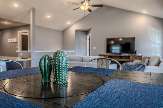 dining area featuring vaulted ceiling, recessed lighting, a ceiling fan, and wood finished floors