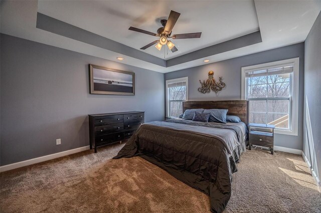 bedroom featuring a tray ceiling, multiple windows, baseboards, and carpet floors