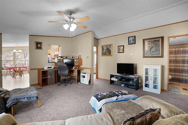 carpeted office space featuring ceiling fan with notable chandelier, a textured ceiling, and ornamental molding