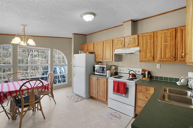 kitchen featuring white appliances, ornamental molding, under cabinet range hood, and a sink