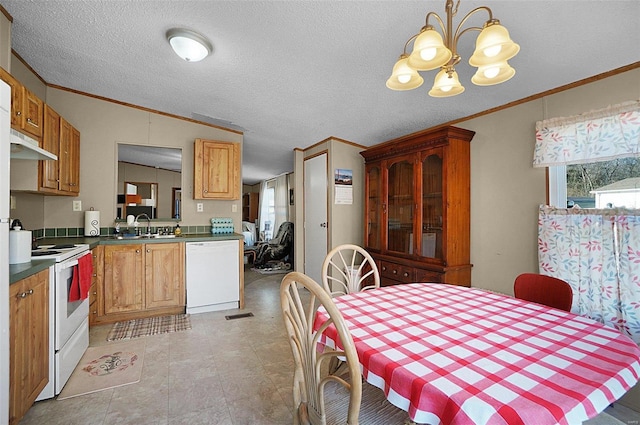 dining room with a notable chandelier, visible vents, a textured ceiling, and ornamental molding