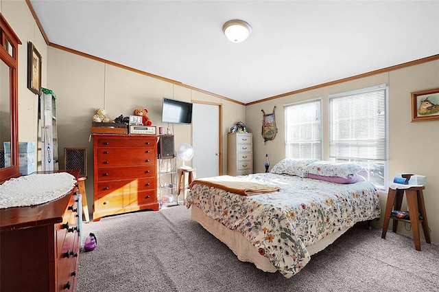 carpeted bedroom with vaulted ceiling and ornamental molding