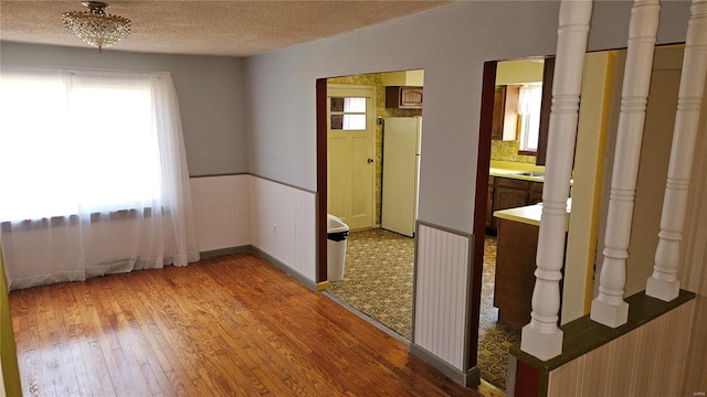 interior space with a sink, wood finished floors, a wainscoted wall, and a textured ceiling