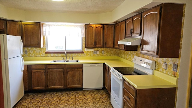 kitchen with under cabinet range hood, light countertops, white appliances, a textured ceiling, and a sink