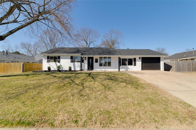 ranch-style house with an attached garage, driveway, a front yard, and fence