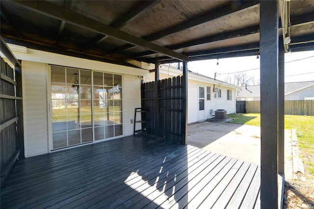 wooden terrace with a patio, central AC, and fence