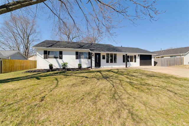 single story home with an attached garage, concrete driveway, a front lawn, and fence