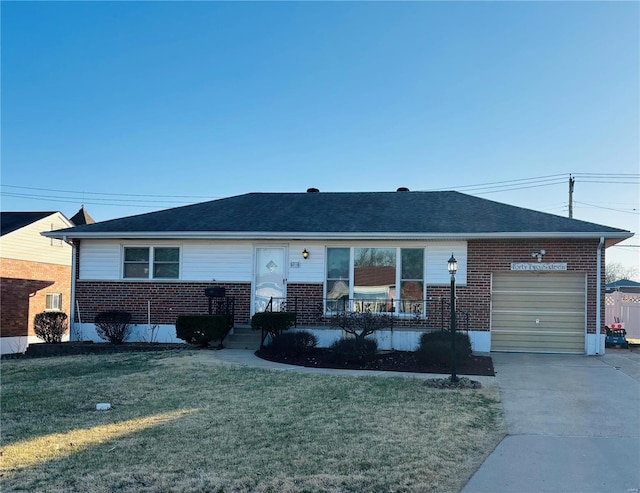 single story home with a porch, brick siding, a garage, and a front yard