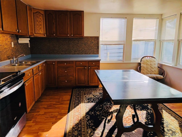 kitchen with backsplash, stainless steel electric range oven, wood finished floors, brown cabinetry, and a sink