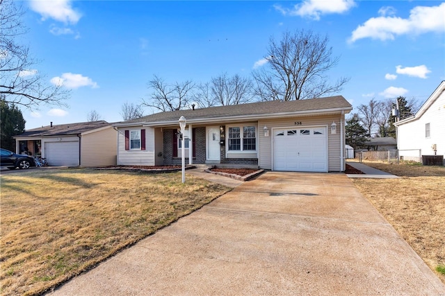 ranch-style home with a front yard, driveway, an attached garage, central air condition unit, and brick siding