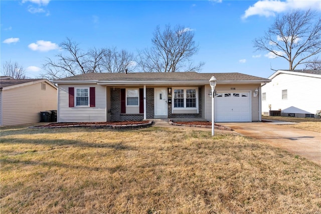 ranch-style house featuring concrete driveway, an attached garage, brick siding, and a front yard